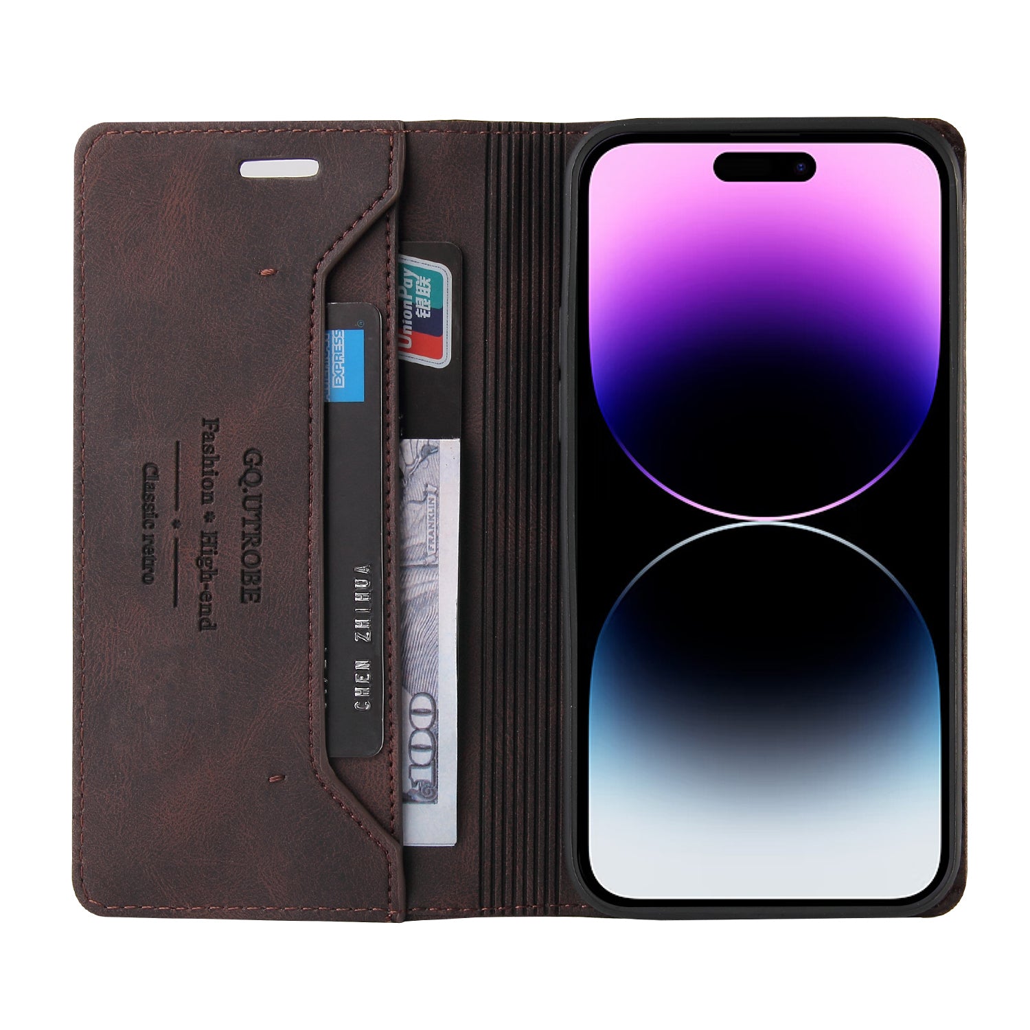 Řada GQ.UTROBE 008 pro iPhone 14 Pro Odolné proti poškrábání RFID Blokování dotyku kůže Pouzdro na peněženku z PU kůže Řada GQ.UTROBE 008 pro iPhone 14 Pro Odolné proti poškrábání RFID Blokování dotyku kůže Pouzdro na peněženku z PU kůže